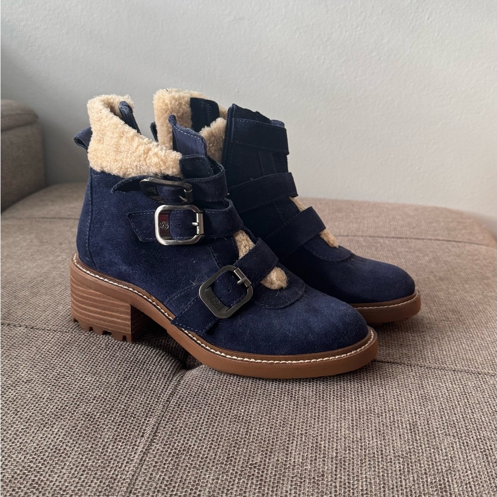 Vince Camuto Navy Suede Ankle Boots with Buckle Detail